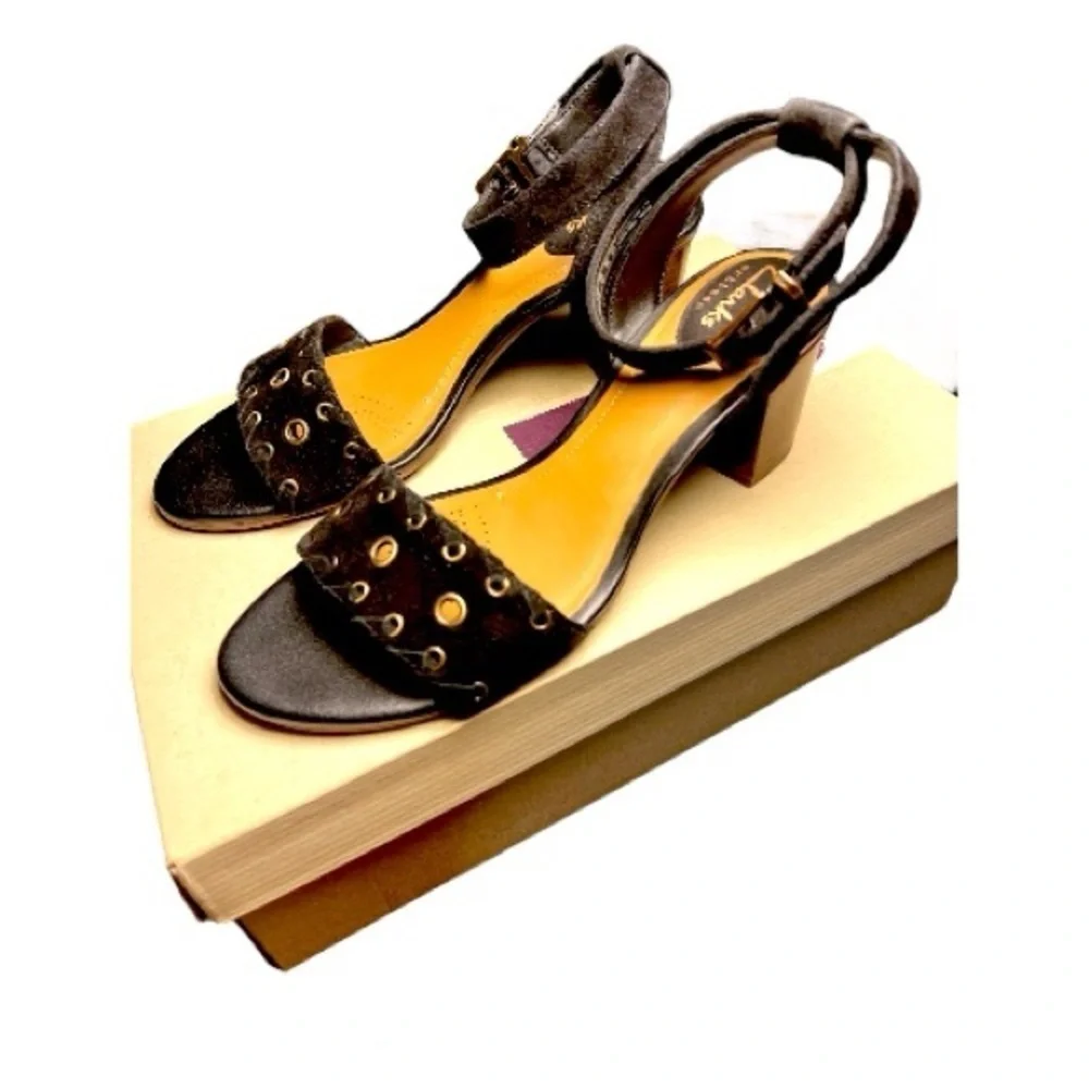 Womens Clarks Artisan Ralene Black Suede Ankle Strap Block Heel Sandals Size 7.5